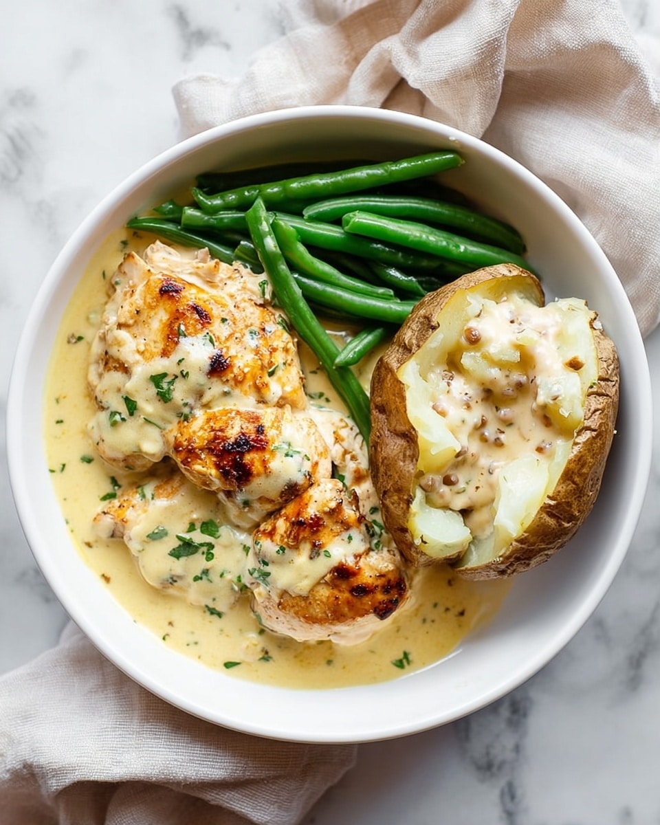 A white bowl contains three main parts: two grilled chicken pieces covered in a creamy, light yellow sauce with green herb bits on top, placed on the left side; on the upper side, bright green cooked whole green beans lay in a pile; on the right side, a baked potato is split open, showing soft white potatoes inside topped with a light-colored creamy sauce with small brown specks. The bowl sits on a white marbled surface with a soft beige cloth partially visible behind. Photo taken with an iphone --ar 4:5 --v 7