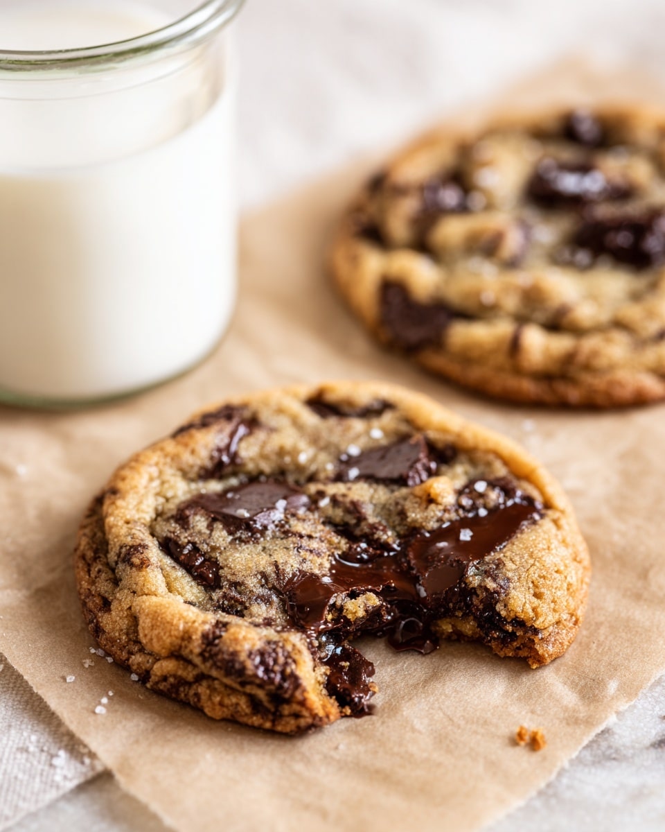 Two warm chocolate chip cookies sit on beige parchment paper over a white marbled surface. The front cookie is broken open, revealing melted dark chocolate inside that softens the center. The cookie texture is golden brown with darker chocolate chunks spread throughout, and the surface is slightly cracked, showing the gooey chocolate melted inside. Behind the broken cookie is another whole cookie with the same texture and coloring. To the left, part of a glass jar filled with white milk is visible. The background remains softly blurred, focusing on the rich, melty cookie details. photo taken with an iphone --ar 4:5 --v 7