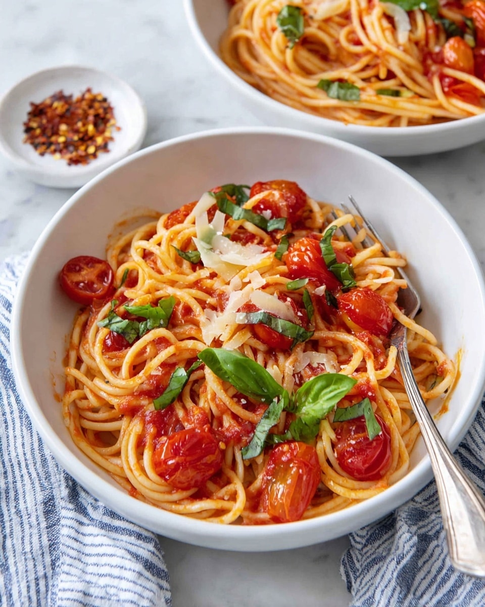 A white bowl filled with spaghetti coated in bright red tomato sauce, with whole and halved cherry tomatoes mixed throughout. On top, there are fresh green basil leaves and thin, light yellow cheese shavings scattered evenly. A metal fork rests partially inside the bowl on the left side. In the background, another white bowl with the same spaghetti and tomato mixture is visible, along with a small white dish holding red chili flakes on a white marbled surface with a blue and white striped cloth beneath the bowls. photo taken with an iphone --ar 4:5 --v 7