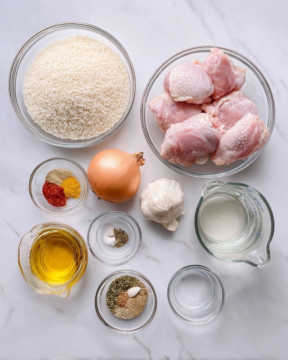 The image shows several clear glass bowls arranged on a white marbled surface, each containing different ingredients: one large bowl with uncooked white rice, another large bowl with four raw pink chicken thighs, a smaller bowl with whole garlic cloves, a whole light brown onion, a small bowl with mixed spices showing colors of red, yellow, green, and white, a tiny bowl with salt and pepper, a small bottle of light yellow oil, and a clear measuring cup filled with water. The ingredients are spaced neatly, with the bowls and items casting soft shadows. photo taken with an iphone --ar 4:5 --v 7