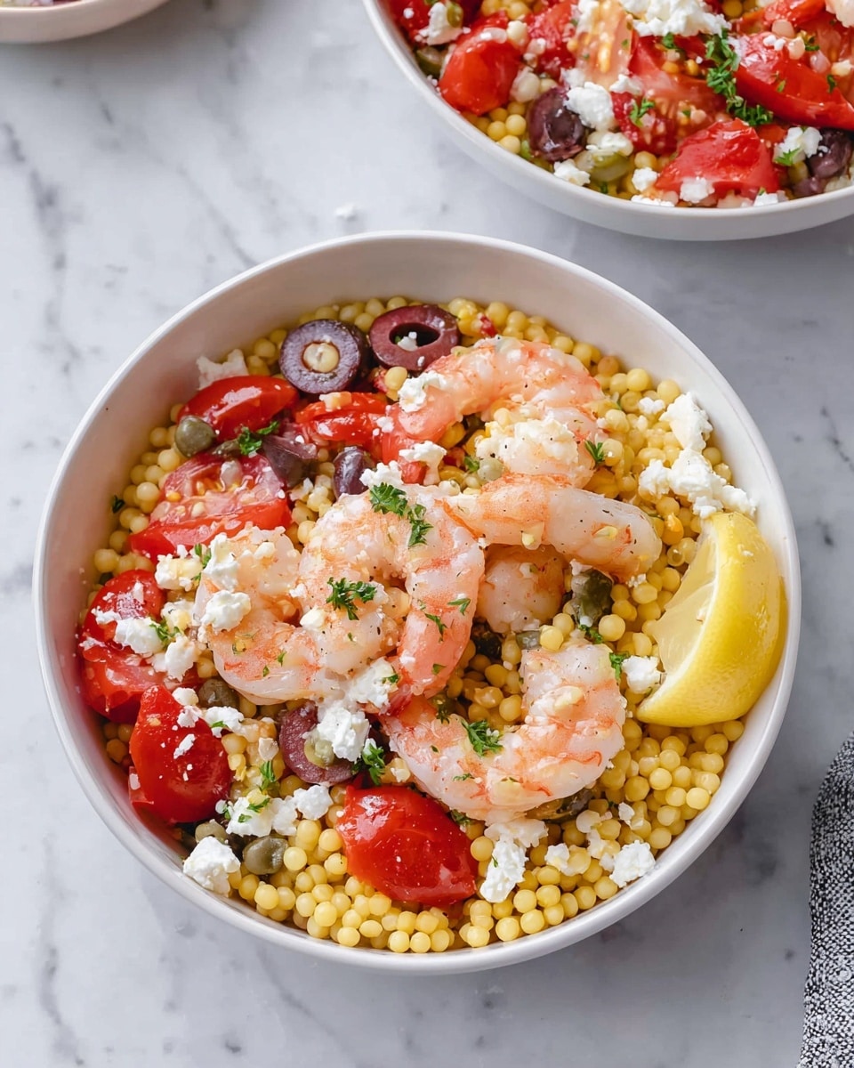 A white bowl filled with a colorful couscous salad featuring four main layers visible: the bottom layer is small, yellow pearl couscous that looks firm and shiny; scattered throughout are bright red halved cherry tomatoes, giving a fresh and juicy texture; large, slightly pink cooked shrimp are placed on top, showing a firm and tender look; black olive slices and small green capers are mixed in, adding depth with their dark and muted tones, while white crumbled cheese dots the surface lightly, providing texture contrast. A lemon wedge is placed inside the bowl on one side for a bright yellow accent. The bowl sits on a white marbled surface with part of another similar bowl visible in the background. Photo taken with an iphone --ar 4:5 --v 7