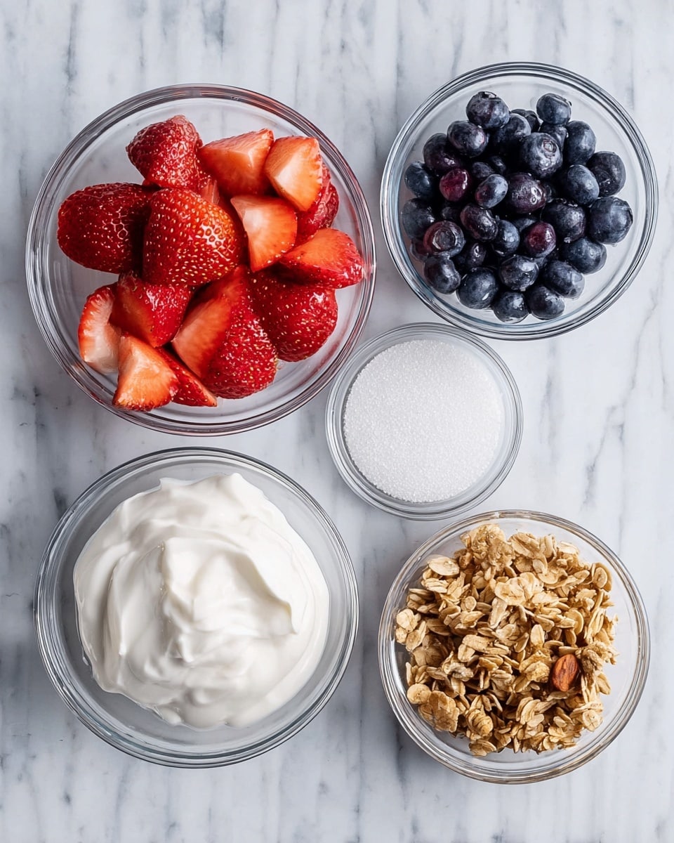 Five clear glass bowls are arranged on a white marbled surface. The largest bowl in the center holds fresh red strawberry slices with visible seeds and a juicy texture. To the top right is a smaller bowl filled with dark blue blueberries, some with a slight shine. Below the blueberries, another bowl contains light brown granola clusters with oats and nuts adding a rough texture. To the top left, a bowl is filled with thick white yogurt with soft swirls. Lastly, next to the yogurt bowl is a small bowl of fine white sugar granules. photo taken with an iphone --ar 4:5 --v 7