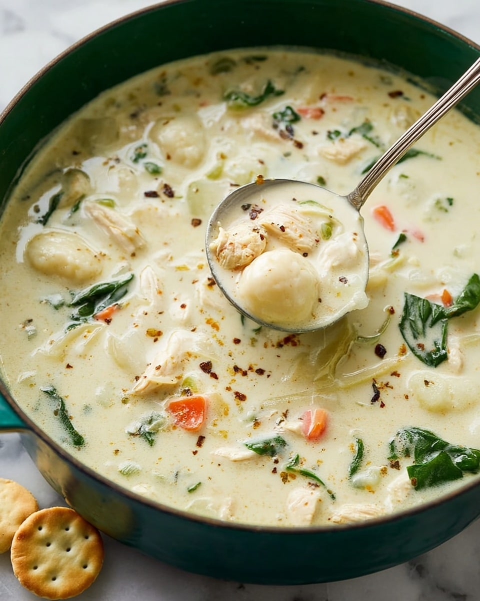 A creamy soup served in a deep green pot placed on a white marbled surface, showing a thick white base with visible small chunks of white meat and soft round dumplings. The soup also contains thin strips of green leafy vegetables, small pieces of orange carrot, and a few scattered herbs and black pepper flakes, giving texture and color contrast. A silver ladle is dipping into the soup, filled with the creamy mixture and showing the layers of ingredients clearly. A few small round crackers lie next to the pot. Photo taken with an iphone --ar 4:5 --v 7