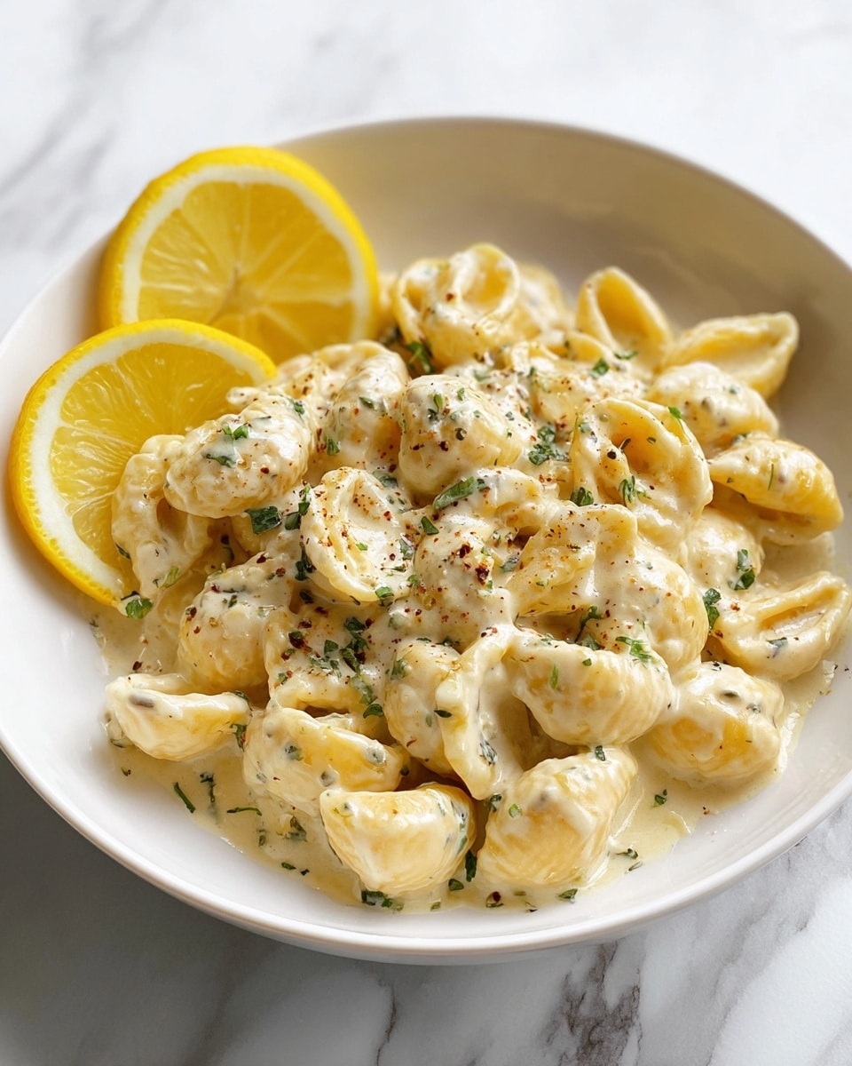 The dish is a creamy pasta served in a white bowl placed on a white marbled surface. The pasta shells are coated in a thick, pale yellow sauce that has small green herb flakes mixed throughout. Two bright yellow lemon wedges are placed at the back edge of the bowl, adding a pop of color. The sauce clings smoothly to the pasta, giving it a rich and glossy texture. Photo taken with an iphone --ar 4:5 --v 7