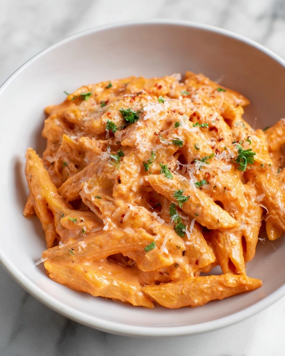 A white bowl is filled with about two layers of penne pasta, each piece coated thickly in a light orange creamy sauce. The pasta’s ridges show texture, and the sauce looks smooth and rich, covering every piece evenly. Small green parsley bits are scattered on top, adding color contrast, and there’s a light dusting of white grated cheese spread across the dish. The bowl sits on a white marbled surface photo taken with an iphone --ar 4:5 --v 7