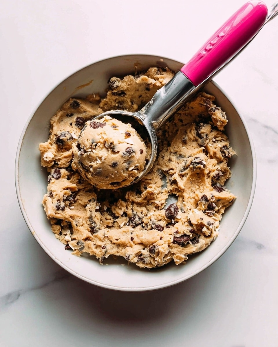 A white bowl holds a thick, chunky mixture of light brown cookie dough with visible dark chocolate chunks and bits of oats scattered throughout. Resting partly in the dough is a metal ice cream scoop with a pink handle, lifting a rounded scoop of the dough that shows a rough, textured surface. The bowl is set on a white marbled surface with soft natural light illuminating the scene. Photo taken with an iphone --ar 4:5 --v 7