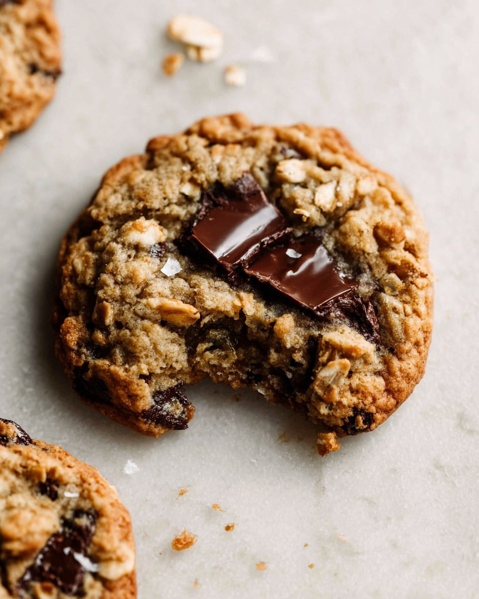 A close-up of a thick oatmeal cookie resting on a white marbled surface, with visible oats making up a bumpy light brown layer mixed with darker chocolate chunks inside, and a square piece of melted chocolate sitting on top in the middle. The cookie has a bite taken out of the lower side, showing a soft, chewy inside with layered textures of oats and chocolate. Another cookie is slightly blurred in the background on the left side. Photo taken with an iphone --ar 4:5 --v 7