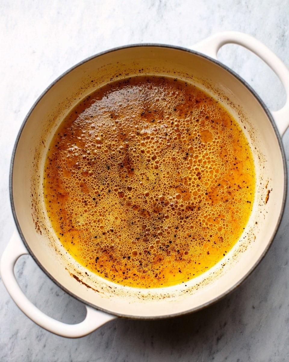 A close-up top view of a white pot with two handles, filled with a bubbling golden-yellow butter sauce mixed with dark brown specks of seasoning, all cooking on a white marbled surface. The sauce has a foamy texture with many small bubbles spread across the surface, and the edges show some darker brown bits sticking to the pot. photo taken with an iphone --ar 4:5 --v 7