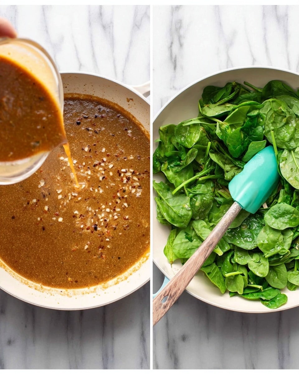 The image shows two white pans on a white marbled surface. The left pan has a thick brown sauce with small pieces of garlic or spices, with a woman's hand pouring more sauce from a container into it. The right pan contains the same brown sauce base but now has fresh, chopped green spinach leaves spread on top, and a teal spatula resting to the right side inside the pan. The sauce looks smooth with small bits in it, and the bright green spinach contrasts with the warm brown sauce. Photo taken with an iphone --ar 4:5 --v 7