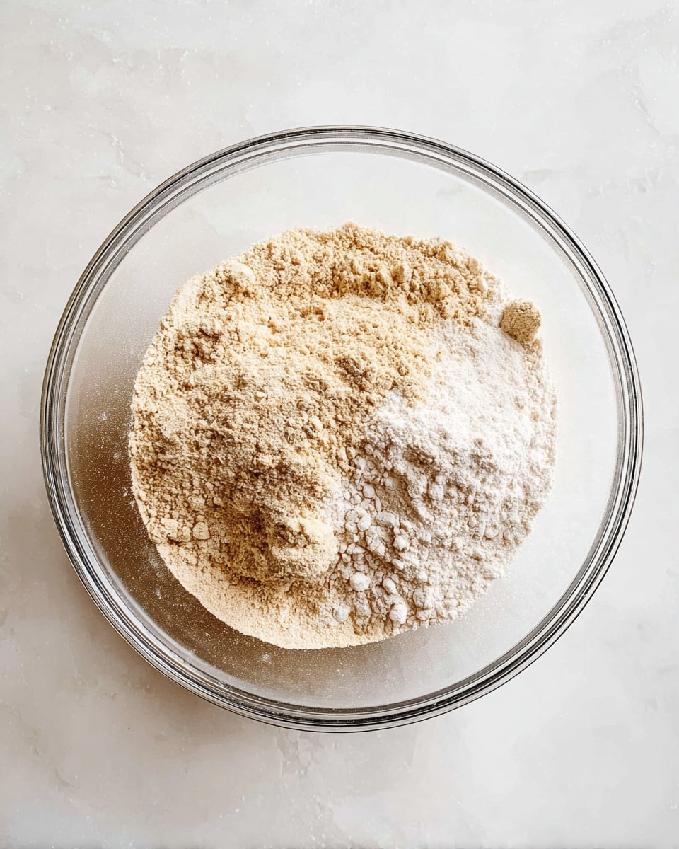 A clear glass bowl sits on a white marbled surface, filled with a mix of dry ingredients. The mixture shows three different shades and textures: a light beige powder making up most of the mix, a slightly darker beige powder concentrated on one side, and a fine white powder scattered throughout. The powders are loosely piled, with some small clumps visible. Photo taken with an iphone --ar 4:5 --v 7