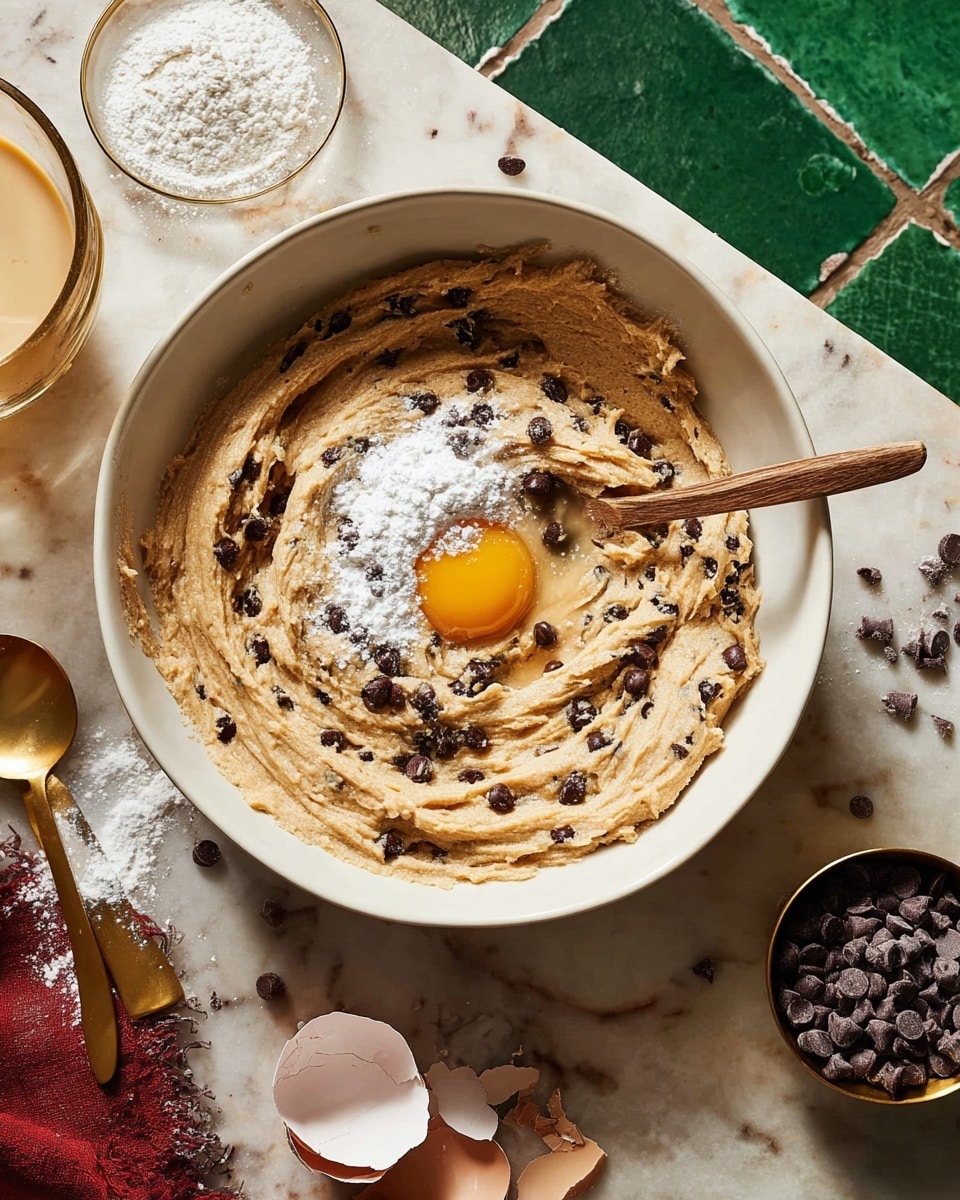 A large white bowl sits on a white marbled surface with a mix of light brown cookie dough and dark chocolate chips spread inside. In the center of the dough, a raw egg yolk sits atop a small pile of white powder, with a wooden spoon partially resting in the dough on the right side. Around the bowl are scattered dark chocolate chips, a broken egg shell, a small clear dish with white powder and two golden spoons on the left, a golden bowl with more dark chocolate chips at the top right, and a glass container with beige liquid near the top left. The background shows green tiles and a bit of red fabric in the bottom left corner photo taken with an iphone --ar 4:5 --v 7