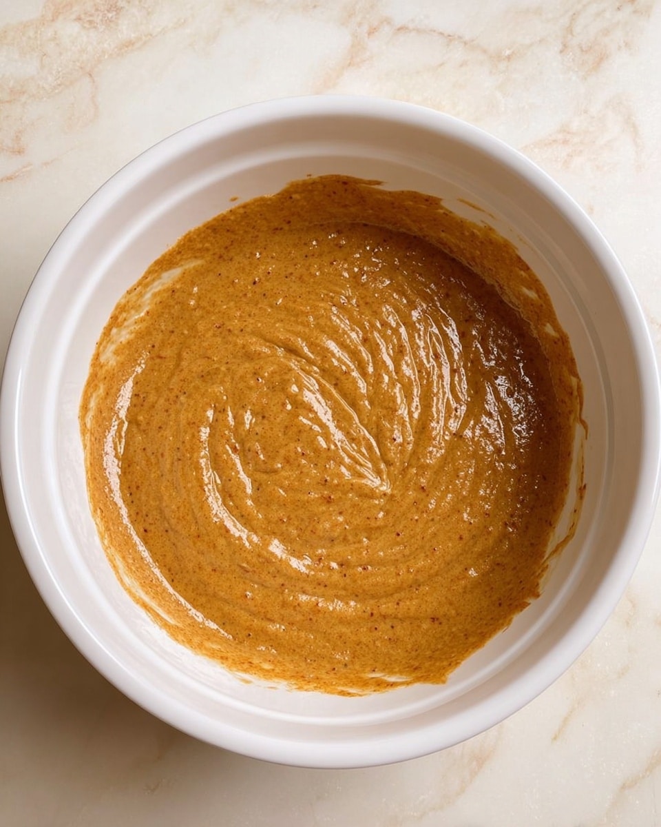 A white bowl filled with smooth, thick batter that is brown with small darker specks. The batter is evenly spread in the bowl with visible gentle swirls and a shiny texture. The bowl sits on a white marbled surface. photo taken with an iphone --ar 4:5 --v 7