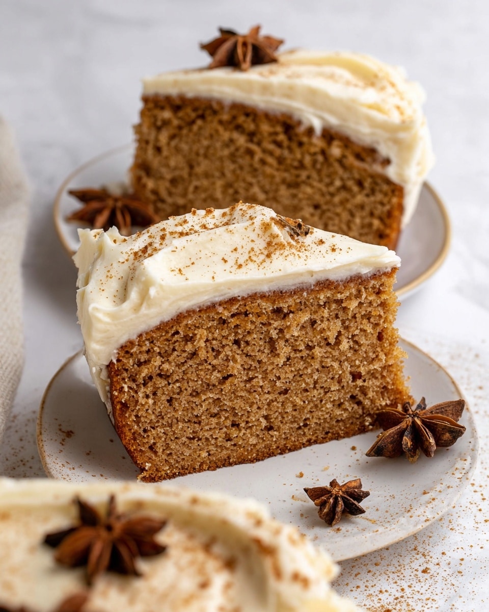 Two slices of light brown cake with a moist, crumbly texture lie on a white plate on a white marbled surface. Each slice has a thick layer of creamy white frosting on top, smooth with some natural swirls and a dusting of light brown spice powder. Around the slices, there are a few whole star anise for decoration. In the foreground, part of a larger cake with similar frosting and spice powder is visible. photo taken with an iphone --ar 4:5 --v 7