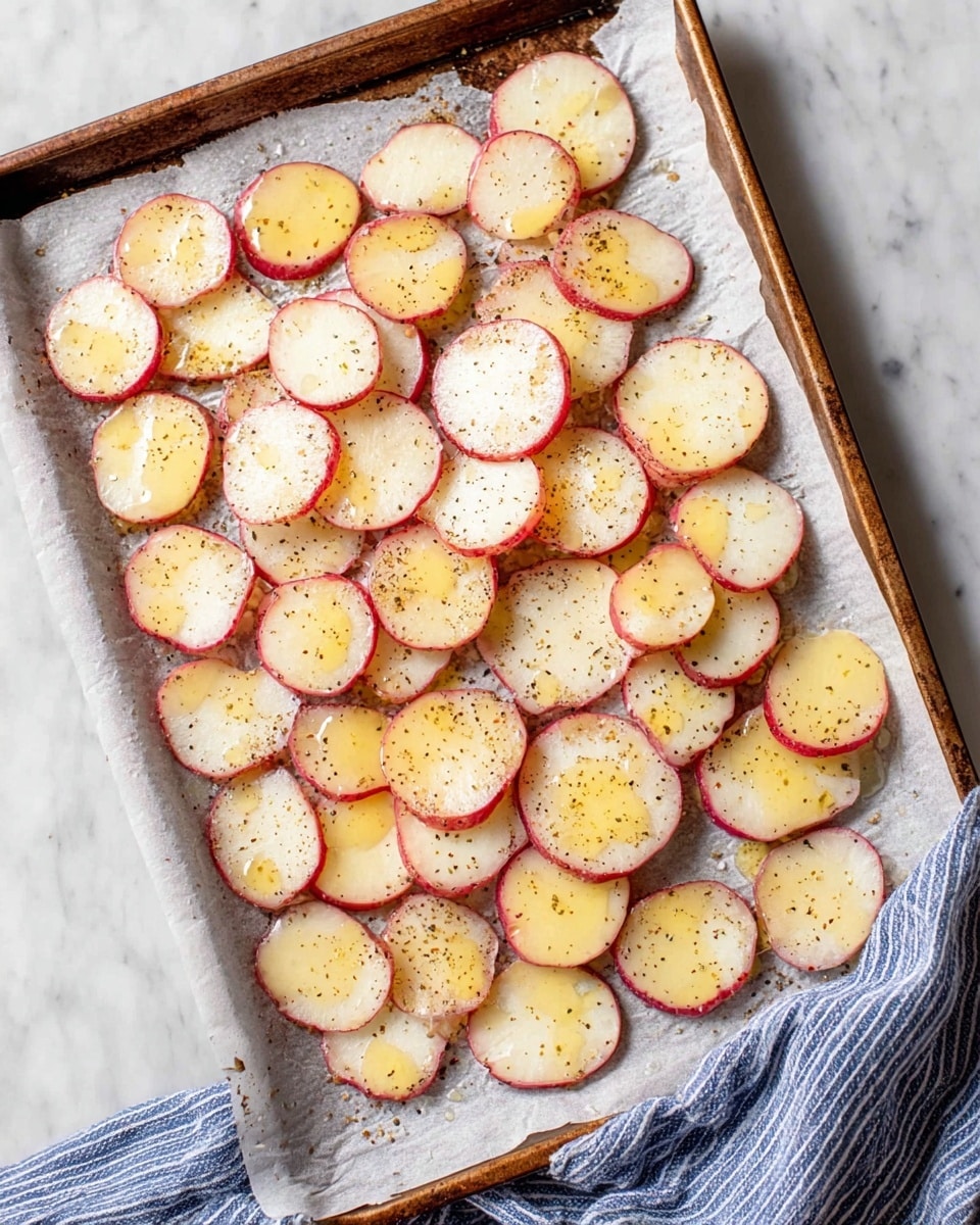 This image shows a baking sheet filled with one layer of round potato slices with red skin and pale yellow inside. The slices are spread evenly, some overlapping, and sprinkled with black pepper and small drops of oil. The baking sheet is lined with white parchment paper and sits on a white marbled surface with a blue and white-striped cloth partly visible at the bottom right. Photo taken with an iphone --ar 4:5 --v 7