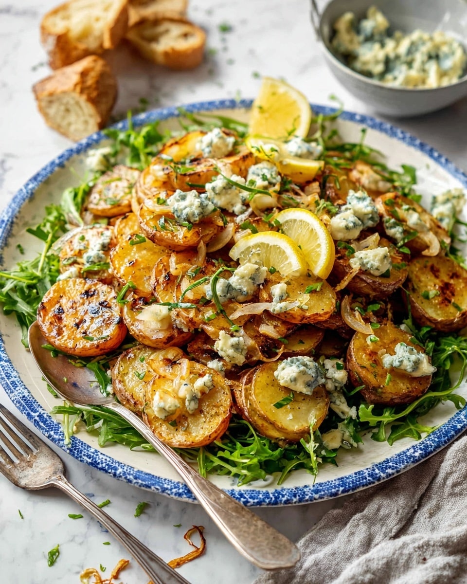 A white plate with blue dots filled with a bed of fresh green watercress as the bottom layer, topped with a generous layer of golden roasted potato slices that have slightly crispy edges. On top of the potatoes, there are small dollops of creamy blue cheese scattered unevenly, light brown sauce drizzled over with bits of finely chopped shallots, and sprinkled green onion pieces for color contrast. Two lemon wedges rest on the middle of the potato layer, adding a fresh yellow touch. A silver fork and spoon lie on the left side of the plate, all set against a white marbled surface with a small bowl of blue cheese and some browned bread pieces in the soft-focused background. Photo taken with an iphone --ar 4:5 --v 7
