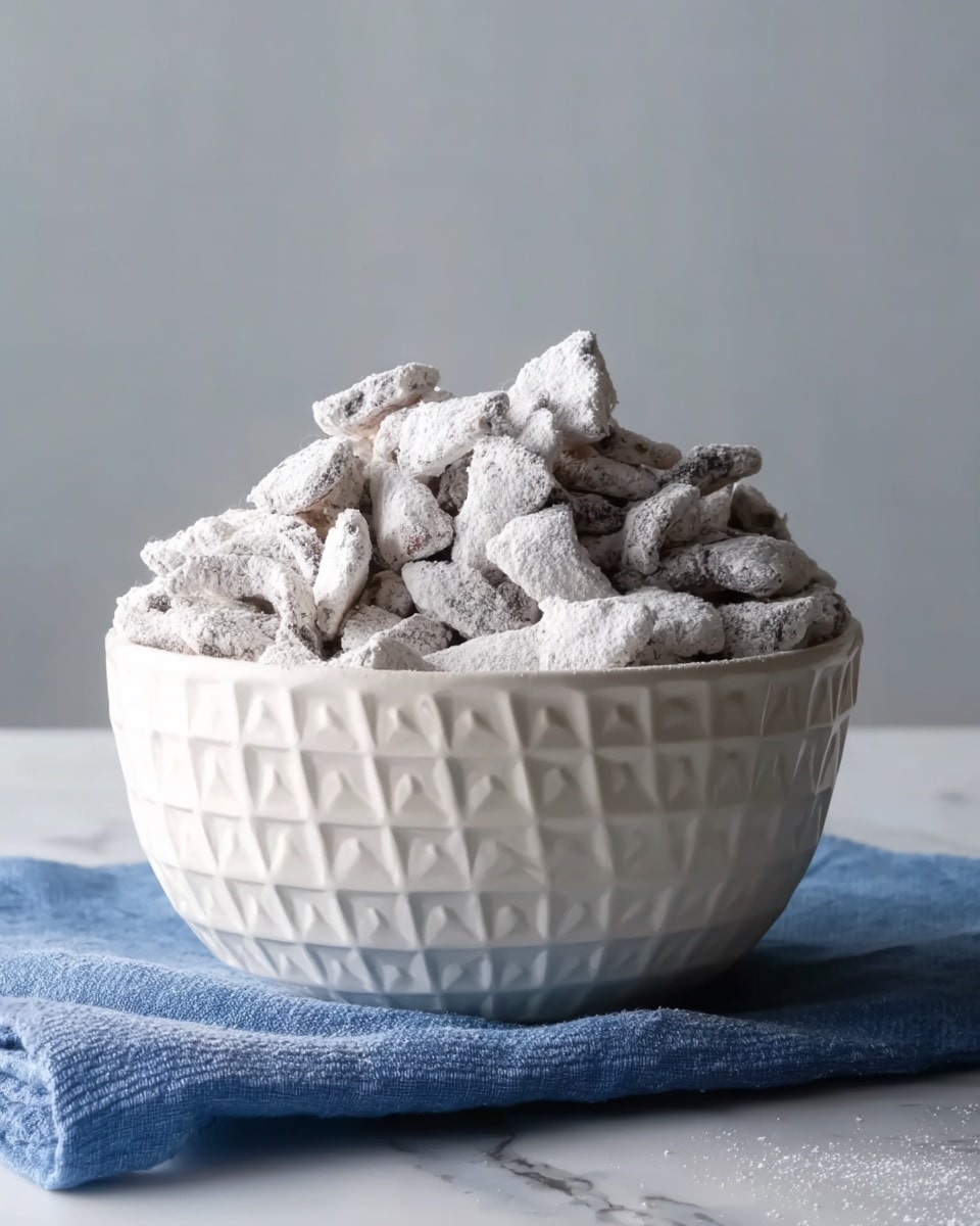 A white bowl with a textured diamond pattern is filled to the top with small, uneven pieces covered in a thick layer of white powder, giving them a soft, dusty look. The bowl sits on a slightly wrinkled blue cloth on a white marbled surface, with a neutral, soft background behind it. The pieces inside the bowl are piled high, showing some rough edges and irregular shapes, creating a layered and textured effect. photo taken with an iphone --ar 4:5 --v 7