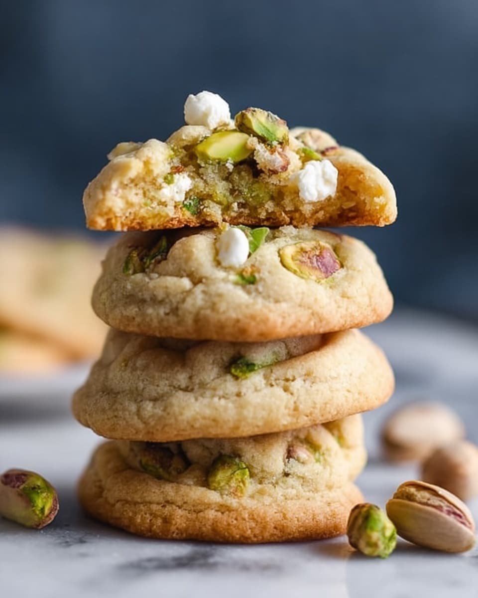 A stack of four soft, round cookies is shown on a white marbled surface. The bottom three cookies are whole with a light golden-brown color and have green pistachio nut pieces inside. The top cookie is broken in half, showing a soft, chewy inside with pistachio pieces and some white popcorn on top. Around the stack, there are a few whole pistachio nuts still in their shells. The background is blurred and dark, making the cookies stand out. photo taken with an iphone --ar 4:5 --v 7