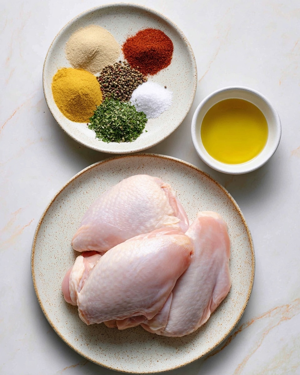 Four raw chicken pieces are placed overlapping on a speckled white plate at the bottom center of the image. Above the plate is a white bowl containing seven separate piles of spices arranged in a circle: a light beige powder, yellow powder, green chopped herbs, light yellow paste, dark reddish-brown powder, black pepper, and white salt. To the right of the bowl, there is a small white bowl filled with yellow olive oil. The background is a white marbled texture. Photo taken with an iphone --ar 4:5 --v 7
