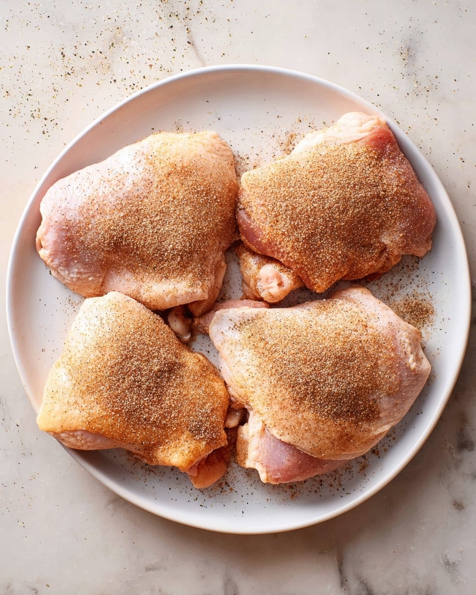 On a white plate, four raw chicken pieces are evenly spaced. Each piece is covered with a light layer of brown seasoning, showing a mix of fine and coarse textures that lightly dust the pale pink skin. The plate sits on a white marbled surface with small scattered seasoning particles around. photo taken with an iphone --ar 4:5 --v 7