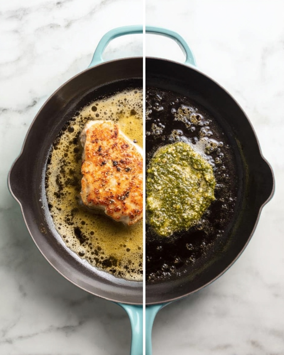 The image shows two side-by-side views of a light blue-handled cast iron pan sitting on a white marbled surface. On the left, the pan holds a single piece of golden-brown cooked chicken with a slightly crispy texture and bubbling butter around it. On the right, the pan is empty except for a dollop of green pesto sauce melting in the center, surrounded by melted butter bubbling gently. The pan’s black interior contrasts with the colors of the chicken and sauce. Photo taken with an iphone --ar 4:5 --v 7