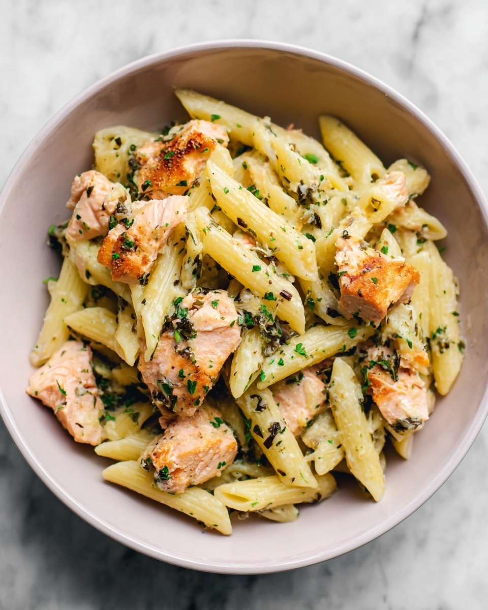A white bowl holds a serving of pasta layered with penne noodles that are pale yellow and slightly glossy, mixed with chunks of cooked salmon that have a light pink and golden-brown crispy surface. Green herbs are sprinkled throughout, adding small bits of dark green color all over the dish. The pasta and salmon pieces are evenly mixed, and the bowl sits on a white marbled surface. Photo taken with an iphone --ar 4:5 --v 7