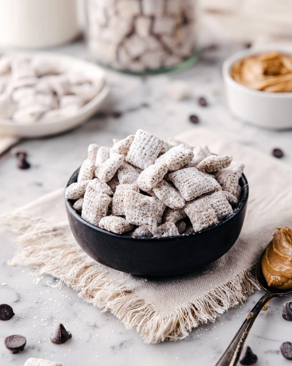A small black bowl sits on a light beige cloth with fringed edges, filled to the top with square cereal pieces coated in white powdered sugar, giving them a dusty look. The bowl is placed on a white marbled surface scattered with chocolate chips and a few loose cereal pieces. To the right, a spoon with creamy peanut butter and a dark handle lies partially in view. In the background, a blurred white bowl and a glass container filled with the same powdered cereal rest atop the white marbled surface, alongside a soft textured cloth. The photo taken with an iphone --ar 4:5 --v 7