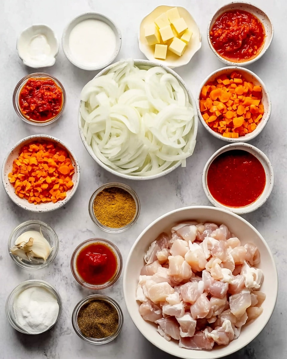 The image shows a collection of small white bowls arranged neatly on a white marbled surface, each holding different ingredients for a recipe. There is a large white bowl filled with raw diced chicken pieces at the bottom right. Next to it, a big white bowl holds thinly sliced white onions. Surrounding these are smaller bowls containing bright orange chopped carrots, finely diced red tomatoes, a red paste that looks like tomato or chili paste, white yogurt or cream, and various spices in brown and powdered forms. Small bowls also have cubes of what seems to be butter, minced garlic, a red sauce, and a white liquid. The overall setup is clean and organized, showcasing the ingredients before cooking. Photo taken with an iphone --ar 4:5 --v 7