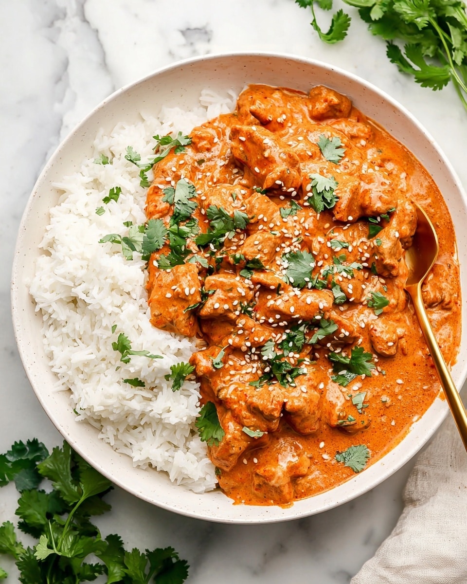 A white plate holds two main layers: on the left side, there is a bed of white, fluffy steamed rice with a soft texture. On the right side, there is a thick, orange creamy sauce with small chunks of tender meat mixed in. The sauce has a smooth and rich look, with small pieces of herbs and spices visible inside. Fresh green cilantro leaves are scattered on top along with white sesame seeds, adding a bright contrast to the warm orange sauce. A gold spoon is partially placed inside the sauce on the right side. The plate sits on a white marbled surface with some green cilantro leaves in the background, giving a fresh and clean scene. Photo taken with an iphone --ar 4:5 --v 7