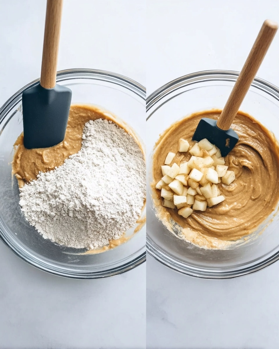The image shows two clear glass bowls on a white marbled surface. In the left bowl, there is a thick light brown batter filling the bottom half, and a pile of white flour rests on top, creating a two-tone effect. A black spatula with a wooden handle rests beside the bowl. The right bowl contains a smooth, tan-colored batter with a layer of diced apple pieces sprinkled on one side. The same black spatula with wooden handle is partially resting in the bowl, mixing the batter with the apples. Photo taken with an iphone --ar 4:5 --v 7
