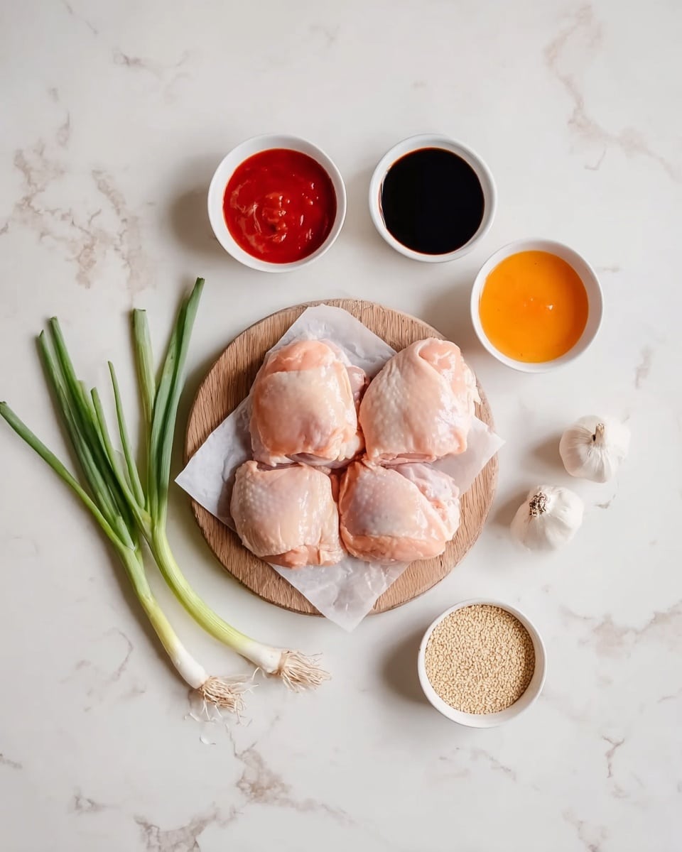 The image shows a white marbled surface with a round wooden board on it, holding five light pink raw chicken thighs placed on a sheet of parchment paper. Above the board, there are three small white bowls: one with red sauce, one with orange sauce, and one with a dark brown liquid. Next to the bowls, there is a small white dish filled with light brown sesame seeds. To the left of the board, there are two green onions, a full garlic bulb, and a peeled garlic clove. The photo is taken with an iphone --ar 4:5 --v 7