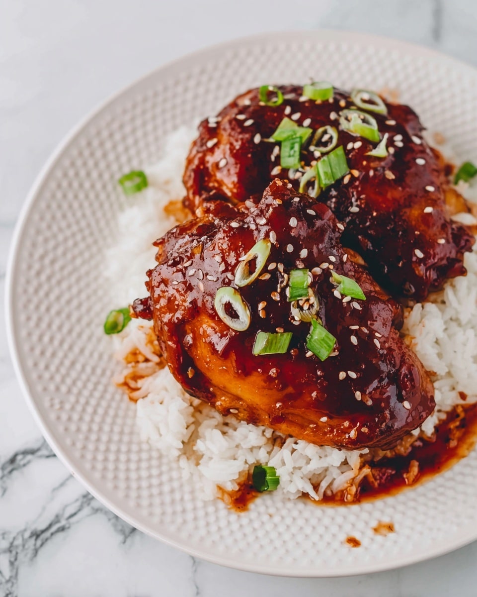 Two pieces of dark brown glazed chicken with a shiny sauce topped with white sesame seeds and small slices of green onion sit on a bed of white rice. The chicken pieces are large and placed close together in the center of a white plate with a dotted texture. Some sauce has spilled slightly onto the rice. The plate is set on a white marbled surface. photo taken with an iphone --ar 4:5 --v 7