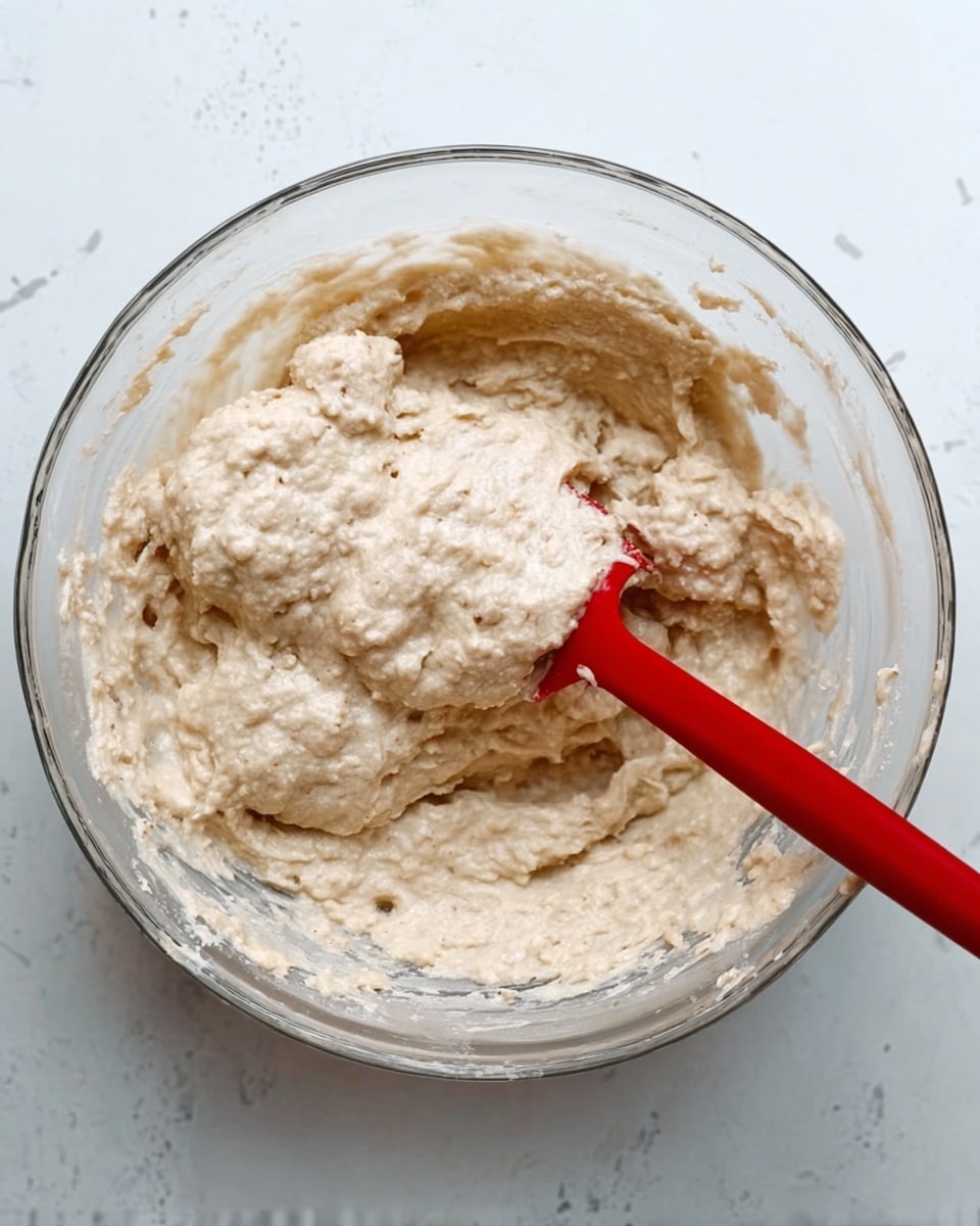 A clear glass bowl contains a thick, light beige dough mixture with a slightly lumpy, creamy texture. A red spatula is inside the bowl, partly covered with the dough, angled towards the left. The bowl sits on a surface with a white marbled texture. The dough shows some small air pockets and uneven spots, indicating it is being mixed. photo taken with an iphone --ar 4:5 --v 7