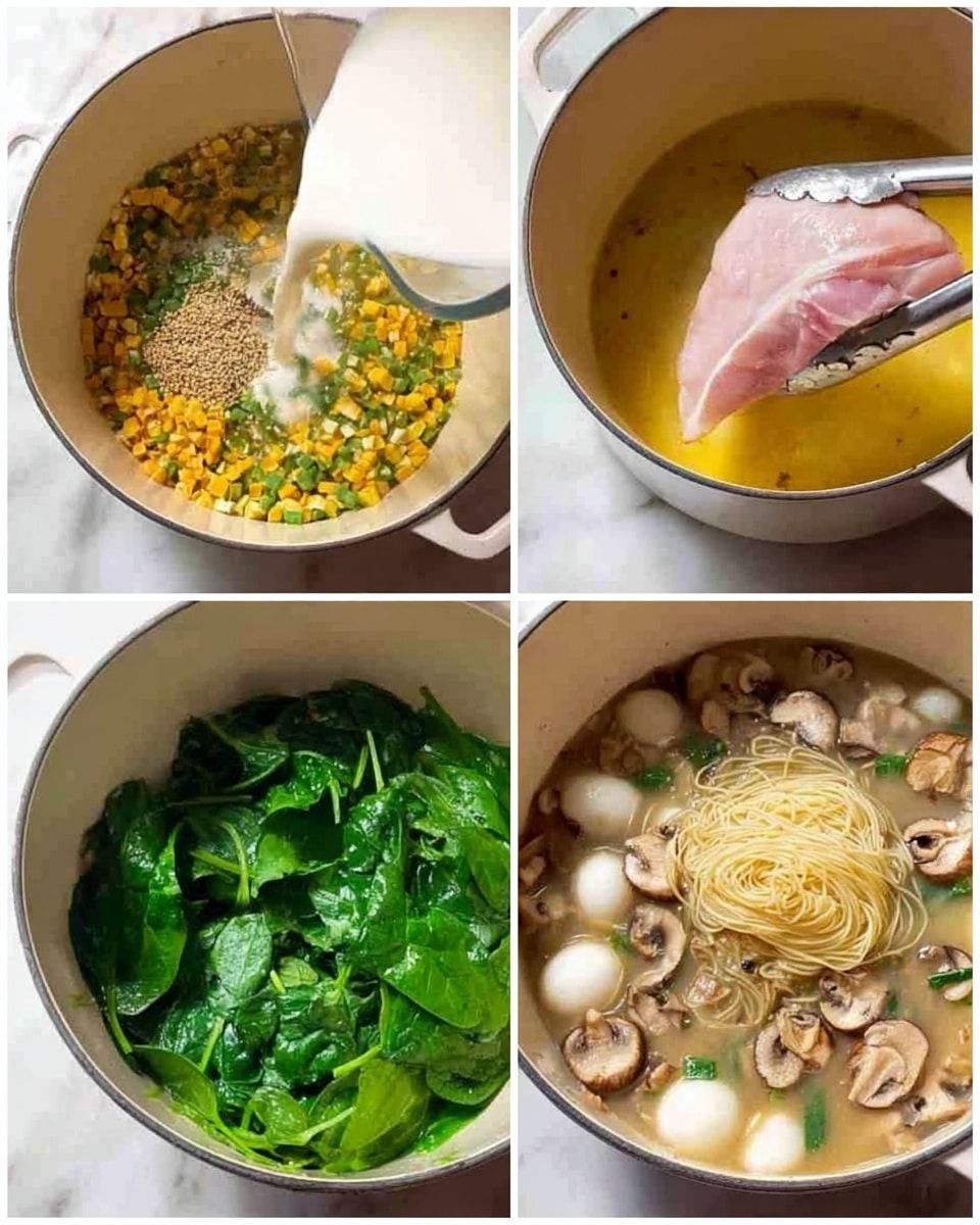 The image shows a four-part cooking process with each section capturing different stages in a white pot on a white marbled surface. The first section shows small chopped pieces of yellow and green vegetables at the bottom of the pot while a creamy white liquid is being poured over them from above. The second section shows a pale pink piece of meat being placed gently into a golden yellow liquid inside the pot with silver tongs held by a woman's hand. The third section focuses on the pot filled with a mix of bright green fresh spinach leaves spread across the top along with some sliced mushrooms peeking through. The last section shows the pot filled with a light brown broth containing cooked spinach, mushrooms, small round white vegetables, and a mound of uncooked thin yellow noodles in the center. Photo taken with an iphone --ar 4:5 --v 7