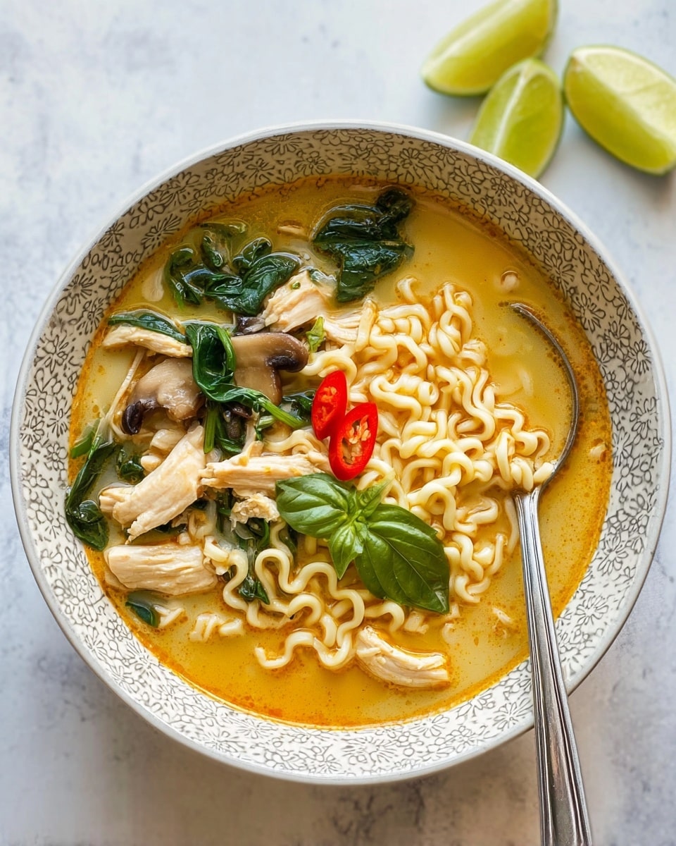 A white patterned bowl holds a soup with three layers: at the bottom is a yellow-orange broth with a smooth texture; in the middle, there are light beige curly noodles and several pale chicken pieces; on top, green spinach leaves, a small red chili slice, a mushroom slice, and a fresh green basil leaf add color and contrast. A silver spoon rests on the right side inside the bowl. In the top right corner of the image, two lime wedges rest on a white marbled surface. photo taken with an iphone --ar 4:5 --v 7