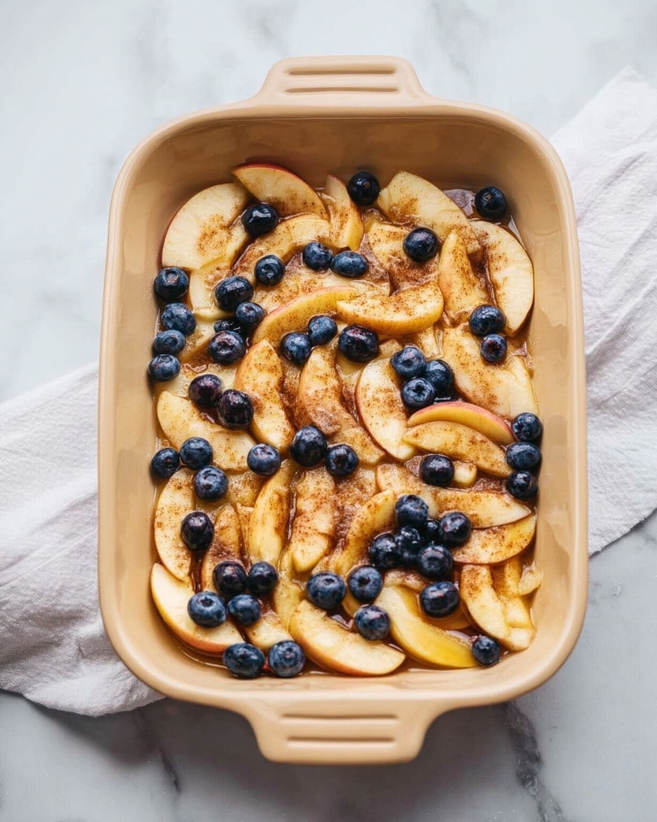 The image shows a rectangular beige baking dish filled with sliced apples and blueberries scattered on top. The apple slices form a base layer that covers the whole dish, with some slices arranged in circles and others in wedges. The blueberries are placed evenly across the apple layer, adding a pop of dark blue color. There is a sprinkling of a light brown powder, likely cinnamon, on top along with a shiny layer of syrup or honey giving the fruit a glossy look. The dish is set on a white marbled surface with a white cloth partially visible on the side. photo taken with an iphone --ar 4:5 --v 7
