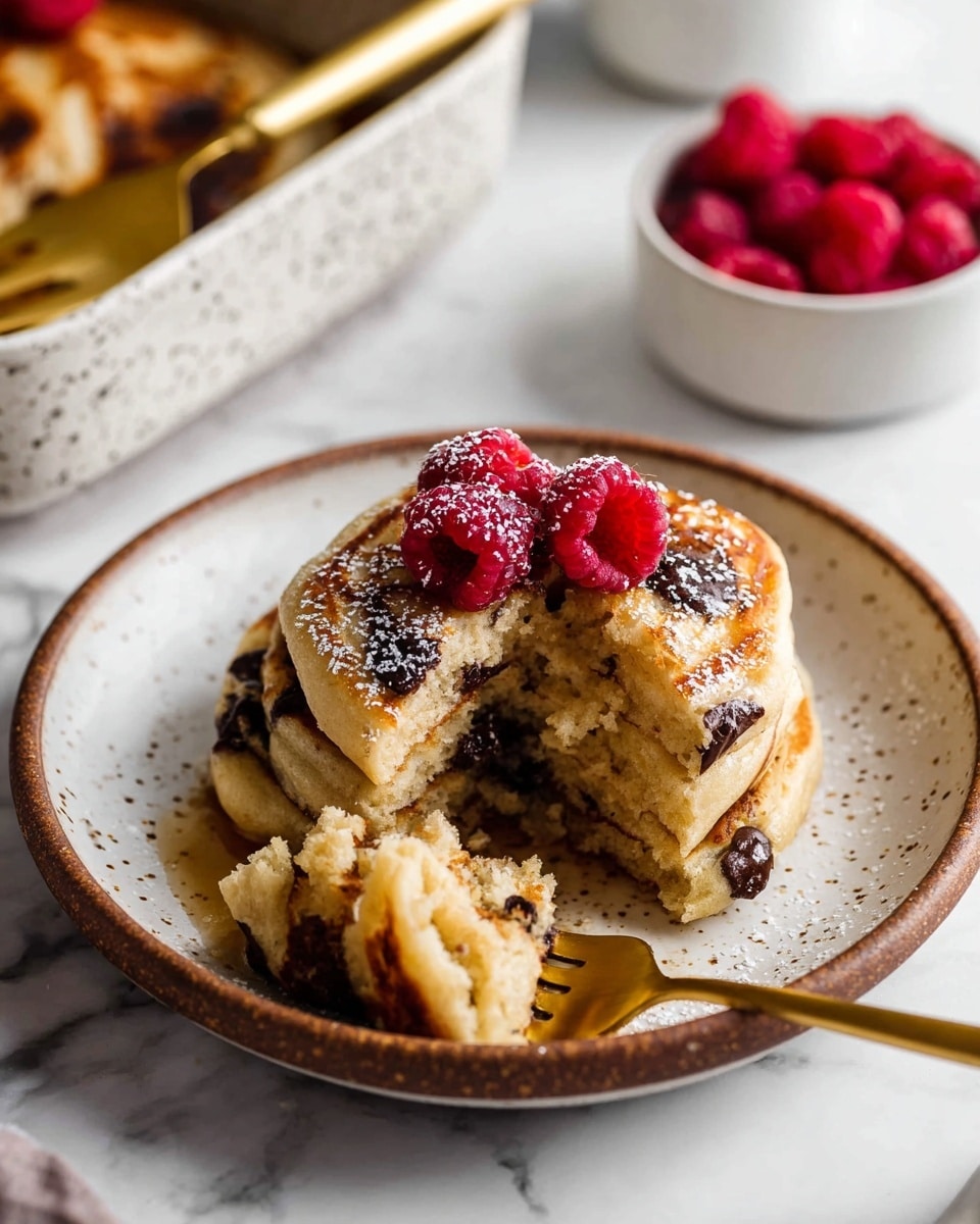 A white plate with a brown speckled edge holds four stacked, golden brown pancakes with visible dark chocolate chips melting slightly inside. On top of the stack, there are three fresh red raspberries dusted with powdered sugar. A golden fork rests on the plate, partially inserted into the bottom pancake which shows a fluffy, light interior. In the background, a white speckled baking dish with pancakes and a golden spatula is slightly out of focus on a white marbled surface, along with a small white bowl filled with more raspberries. Photo taken with an iphone --ar 4:5 --v 7