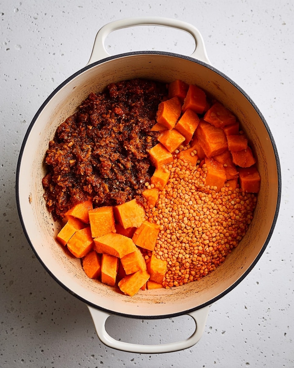 Inside a white pot with two handles, there are three layers of ingredients. On the left side, there is a dark brown chunky layer of cooked spices and onions. On the right side, there are two layers: on top, bright orange chunks of sweet potato, and below them, a layer of small, round, light orange lentils. The pot sits on a white marbled surface. photo taken with an iphone --ar 4:5 --v 7