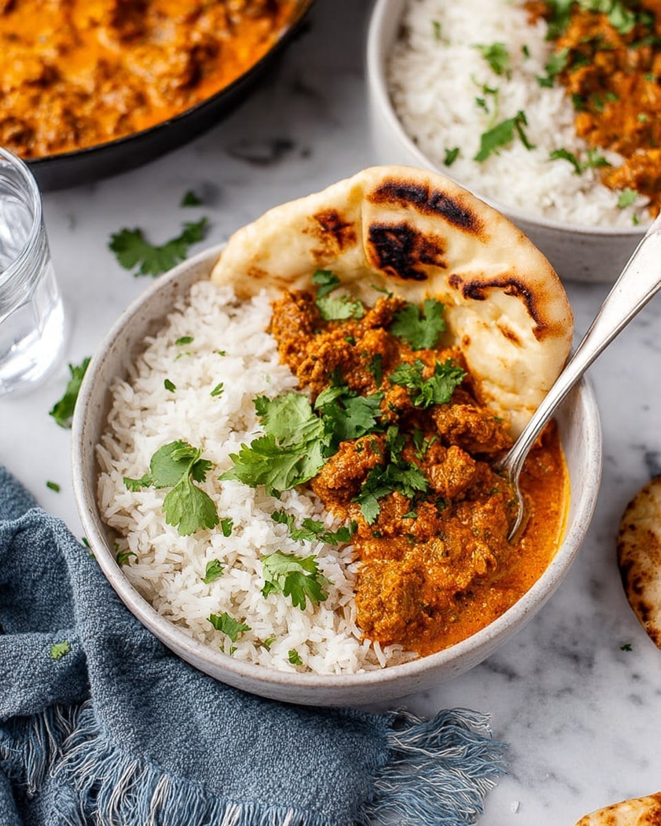 A shallow white bowl sits on a white marbled surface, filled halfway with fluffy white rice sprinkled lightly with chopped cilantro. The other half holds a thick orange curry with chunks of tender meat and sauce mixed with bits of spices and herbs, topped with fresh green cilantro leaves. A folded piece of grilled naan bread rests on the curry’s edge. A silver spoon is partially submerged in the curry. In the background, there is another white bowl with similar white rice scattered with cilantro, a black skillet with more orange curry, and a glass of water. A blue-gray fringed cloth is placed near the bowl. Photo taken with an iphone --ar 4:5 --v 7