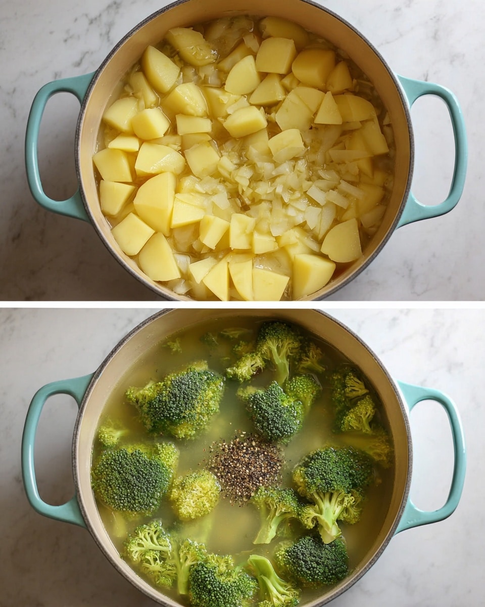 The image shows two stages of cooking in a light blue pot with a cream inside. The top part shows a layer of soft, slightly golden chopped onions covering the bottom, topped with a layer of light yellow peeled chopped potatoes arranged evenly across the surface. The bottom part shows the pot filled with clear broth, with vibrant green broccoli florets floating on top, and a small pile of dark ground pepper at the center of the soup. Both shots are taken from above on a white marbled surface. photo taken with an iphone --ar 4:5 --v 7