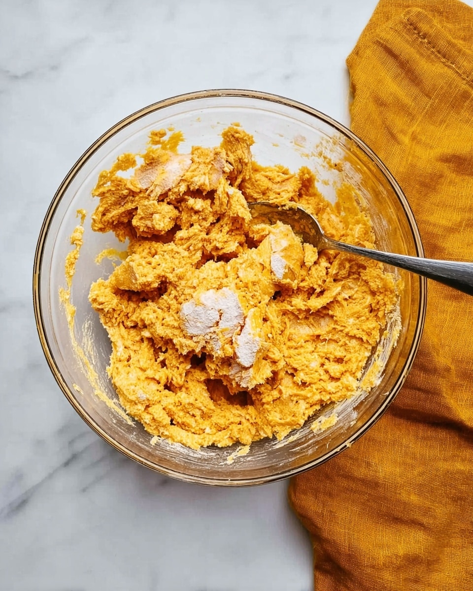A clear glass bowl is filled with a thick, rough dough mixture that has an orange-yellow color with some white flour patches on the surface. The dough looks unevenly mixed with chunks and a dry texture in parts. A metal spoon rests inside the bowl, partly covered by the dough. The bowl sits on a white marbled surface next to a mustard-yellow cloth that is folded casually. The overall scene shows the early stage of mixing ingredients for baking. photo taken with an iphone --ar 4:5 --v 7