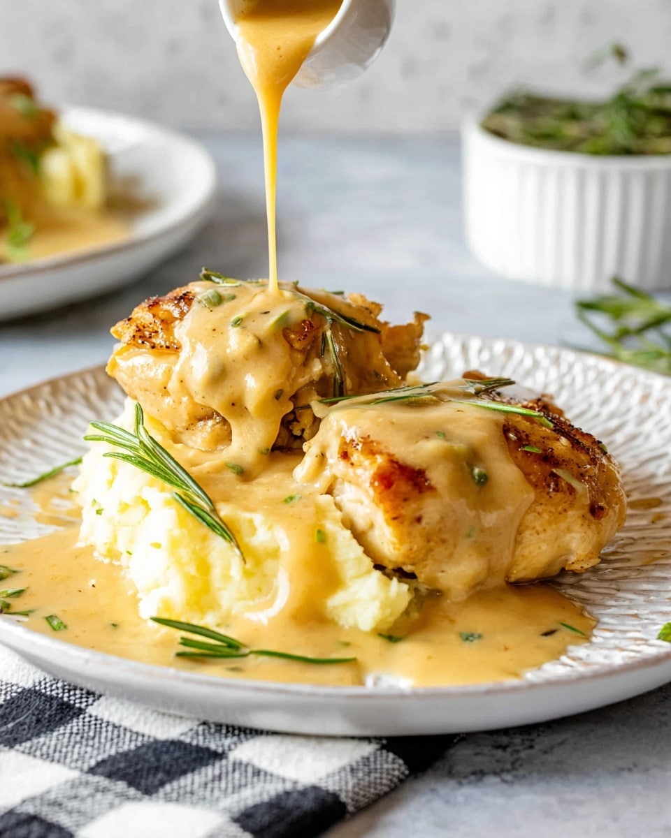On a white plate with a textured rim, there are two pieces of golden-brown cooked chicken on the right side, each topped with light brown creamy sauce being poured from above. To the left of the chicken is a mound of mashed potatoes, also covered in the same sauce. Small green sprigs of rosemary are scattered on the chicken, mashed potatoes, and plate. The background shows a soft-focused white marbled surface and a white bowl on the upper right corner with green herbs inside. The plate sits on a black and white checkered cloth. Photo taken with an iphone --ar 4:5 --v 7