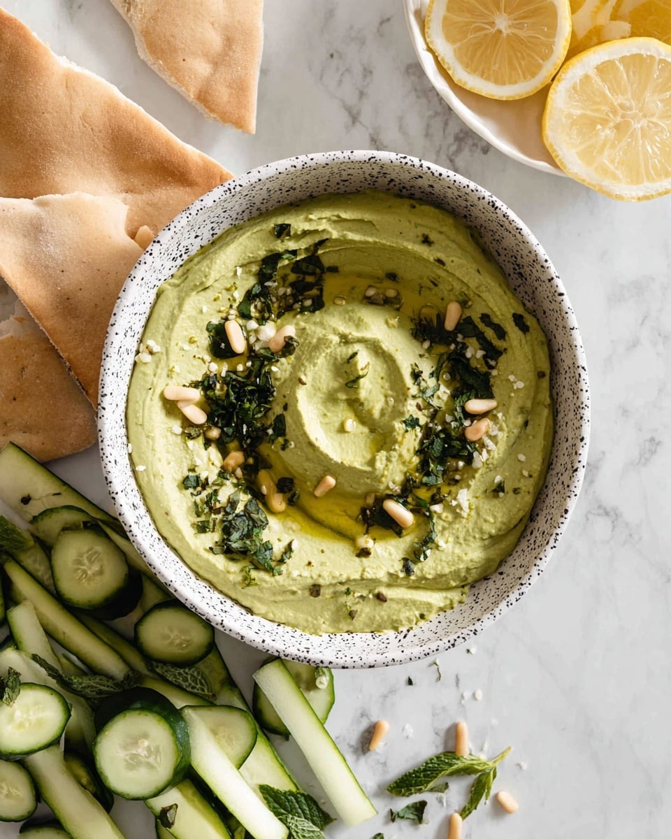 In the center, there is a white bowl with black speckles filled with a green creamy dip, swirled smoothly with a small hollow in the middle holding some olive oil. The dip is topped with chopped dark green herbs, scattered pine nuts, and small white crumbs. Surrounding the bowl are light tan pita bread triangles on the top left and bottom right. At the bottom left, there are thin julienned cucumber sticks and round cucumber slices with light green centers and darker green skins, some sprinkled with small herb pieces. In the top right corner, there is a white bowl partially visible, holding lemon wedges, with more lemon wedges placed on the white marbled surface around it photo taken with an iphone --ar 4:5 --v 7