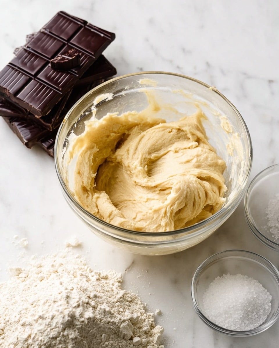 A clear glass bowl filled with smooth, creamy light beige dough sits on a white marbled surface. Behind the bowl are three dark chocolate bars stacked on each other, showing their grid-like segmented texture. To the right of the bowl is a small clear bowl with white granulated sugar or salt inside. In front of the main bowl is a smaller clear bowl filled with a heap of white flour. The scene is bright and clean, focusing on the dough mixture and surrounding baking ingredients. Photo taken with an iphone --ar 4:5 --v 7