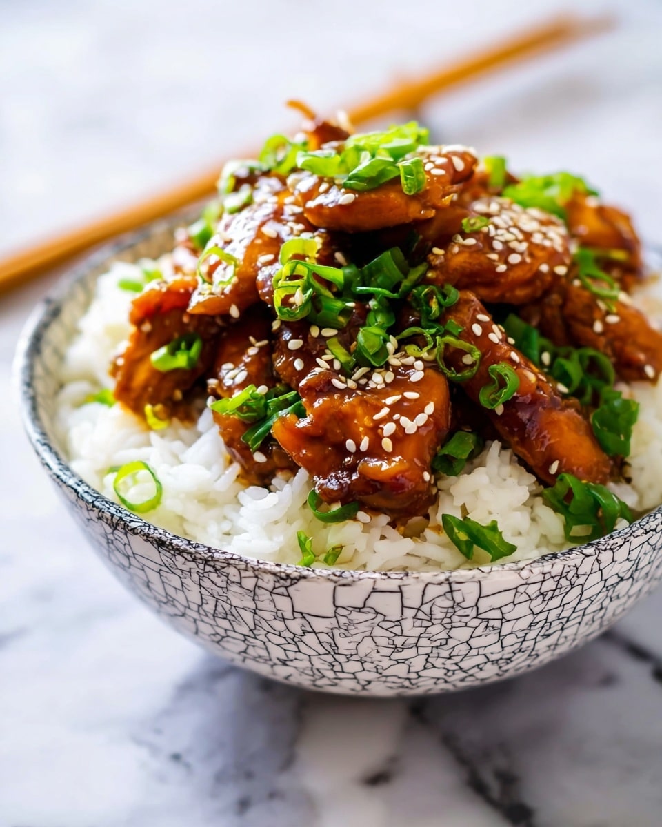 A bowl filled with white rice forms the base layer, with tender pieces of glossy brown glazed chicken placed on top, each piece covered evenly in a thick sauce. The chicken is sprinkled with small white sesame seeds and bright green chopped spring onions, adding color contrast. The bowl itself is white with a cracked grey pattern, sitting on a white marbled surface with a bamboo chopstick blurred in the background. The photo taken with an iphone --ar 4:5 --v 7