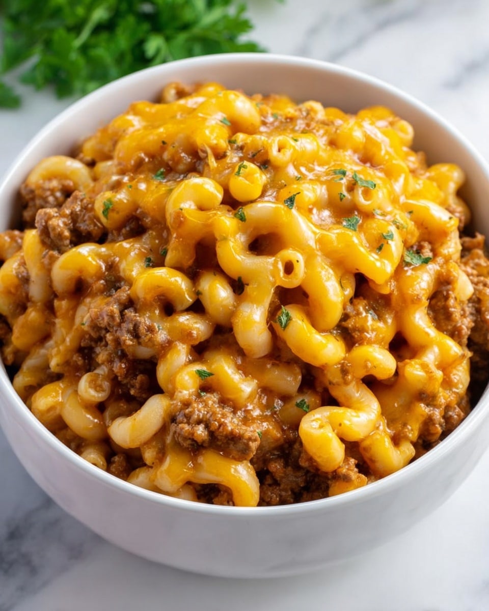 The image shows a round white bowl filled with cooked macaroni pasta mixed with browned meat and melted golden-yellow cheese on top. The pasta is elbow-shaped, soft, and covered in a thick sauce that is a mix of light brown from the meat and the smooth, shiny yellow cheese. Small bits of green herbs are lightly sprinkled over the cheese, giving texture and color contrast. The bowl sits on a white marbled surface with a bit of blurred green visible on the side, suggesting a fresh garnish nearby. photo taken with an iphone --ar 4:5 --v 7