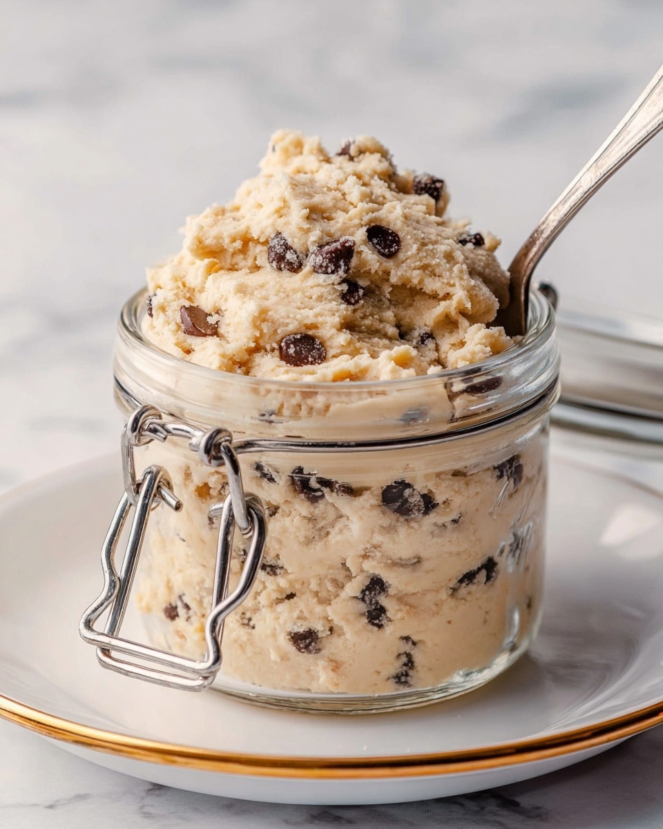 A clear glass jar with metal clasps is filled with three uneven layers of light beige, creamy dough mixed with scattered dark chocolate chips inside. The top layer is roughly heaped with more dough, showing a soft, slightly grainy texture with visible chocolate pieces. A silver spoon is pushed into the jar from the right side, partially buried in the dough. The jar is placed on a white plate with a thin gold rim, set on a white marbled surface. Photo taken with an iphone --ar 4:5 --v 7