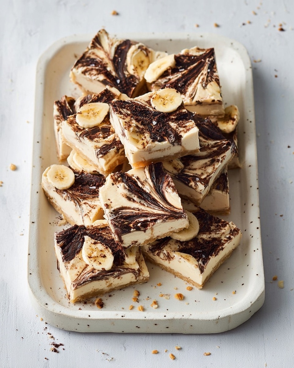 A white speckled rectangular plate holds about ten square pieces of a light beige dessert with dark brown chocolate swirls on top. Each piece also has thin round light yellow slices of banana embedded in it, with a light sprinkle of fine crumbs on the surface. The pieces are stacked loosely over one another, and they rest on a white marbled surface with small crumbs scattered around. Photo taken with an iphone --ar 4:5 --v 7