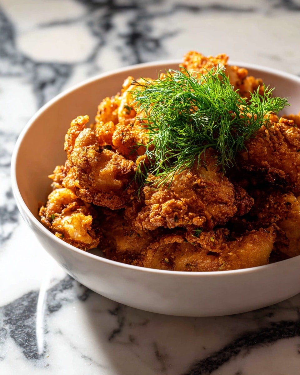 A white bowl filled with several pieces of crispy, golden-brown fried food, layered closely together showing a crunchy texture. On top, there is a small bunch of fresh green dill leaves that add a pop of color and contrast with the warm tones of the fried pieces. The bowl sits on a white marbled surface with irregular dark gray patterns. The lighting highlights the rough and crunchy details of the food. photo taken with an iphone --ar 4:5 --v 7