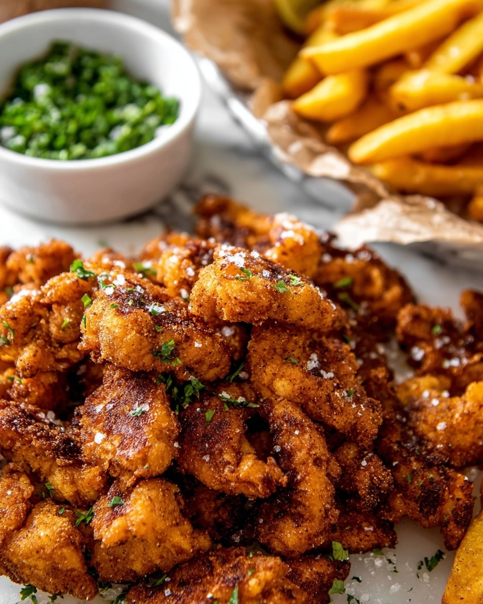 A close-up view of a pile of small, golden-brown fried chicken pieces with a crispy and slightly charred texture. The chicken pieces have visible grainy seasoning and some sparkling salt crystals on top. In the background, there is a white bowl filled with green chopped herbs on the left and a white plate lined with brown paper holding thick, golden-yellow fries on the upper right. All dishes rest on a white marbled surface. The focus is sharp on the chicken, showing the crunchy texture clearly. Photo taken with an iphone --ar 4:5 --v 7