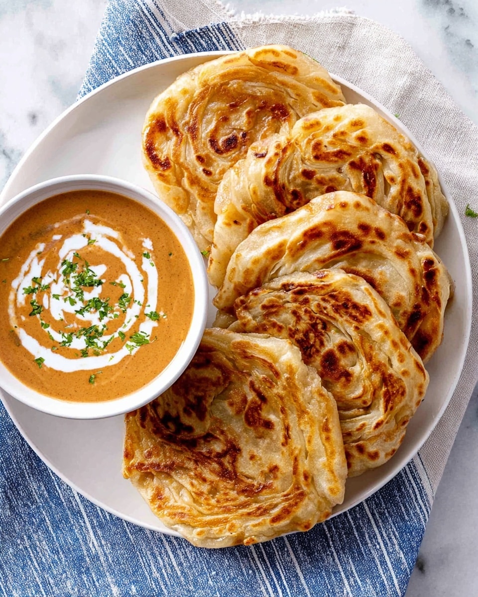 A white plate holds five folded, golden-brown flatbreads with crispy, flaky layers visible on each piece, creating a textured look with swirls of light and dark brown; on the left side of the plate, a white bowl with creamy orange-brown sauce is topped with a small swirl of cream and chopped green herbs, all placed on a white marbled surface with a blue and white striped cloth partly visible under the plate. photo taken with an iphone --ar 4:5 --v 7